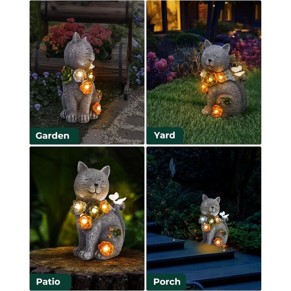 Solar Garden Statues Outdoor Decor, 6 LED Cat Flowers Butterfly Figurine Lights, - Picture 7 of 7